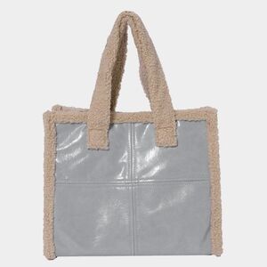 Gray Fleece Trimmed Leather Tote Crossbody Bag Purse Square Casual Accessory